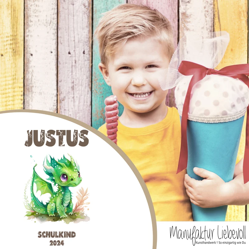 Personalisierte graue Stoff Schultüte grüner Drache | Personalisiert mit dem Namen für Jungen | Optional mit Füllkissen und Spitzenschutz