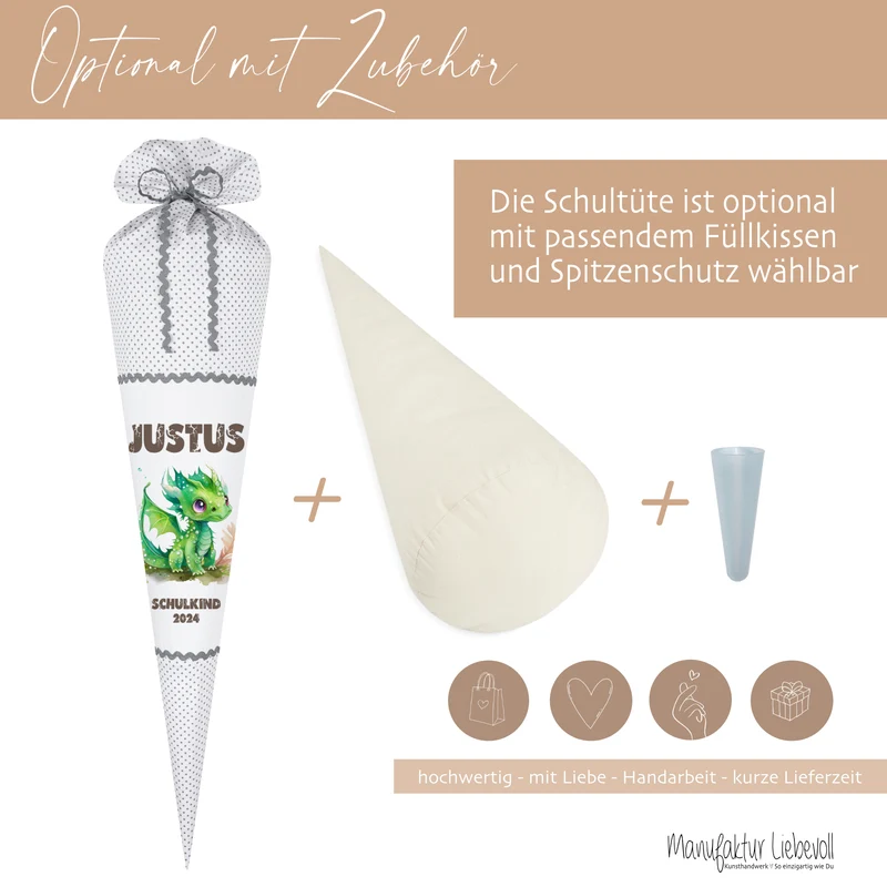Personalisierte graue Stoff Schultüte grüner Drache | Personalisiert mit dem Namen für Jungen | Optional mit Füllkissen und Spitzenschutz