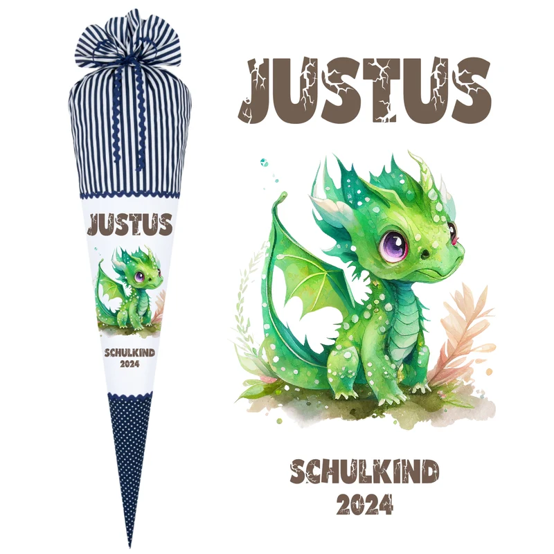 Stoff Schultüte grüner Drache | Personalisiert mit dem Namen für Jungen | Optional mit Füllkissen und Spitzenschutz