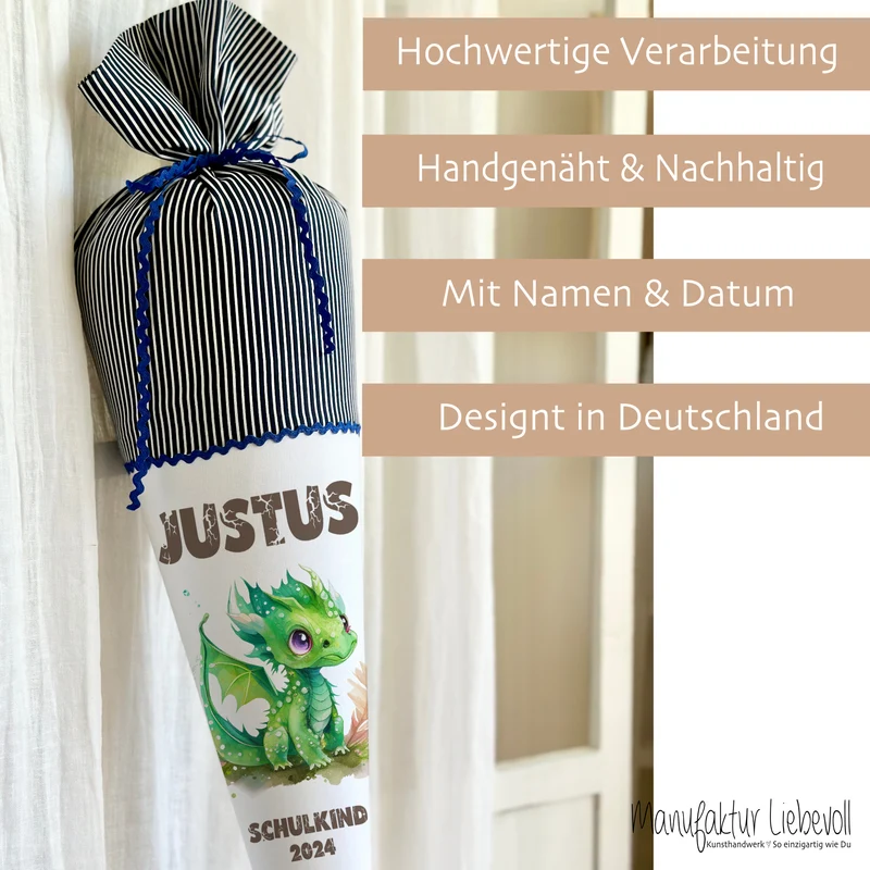 Stoff Schultüte grüner Drache | Personalisiert mit dem Namen für Jungen | Optional mit Füllkissen und Spitzenschutz