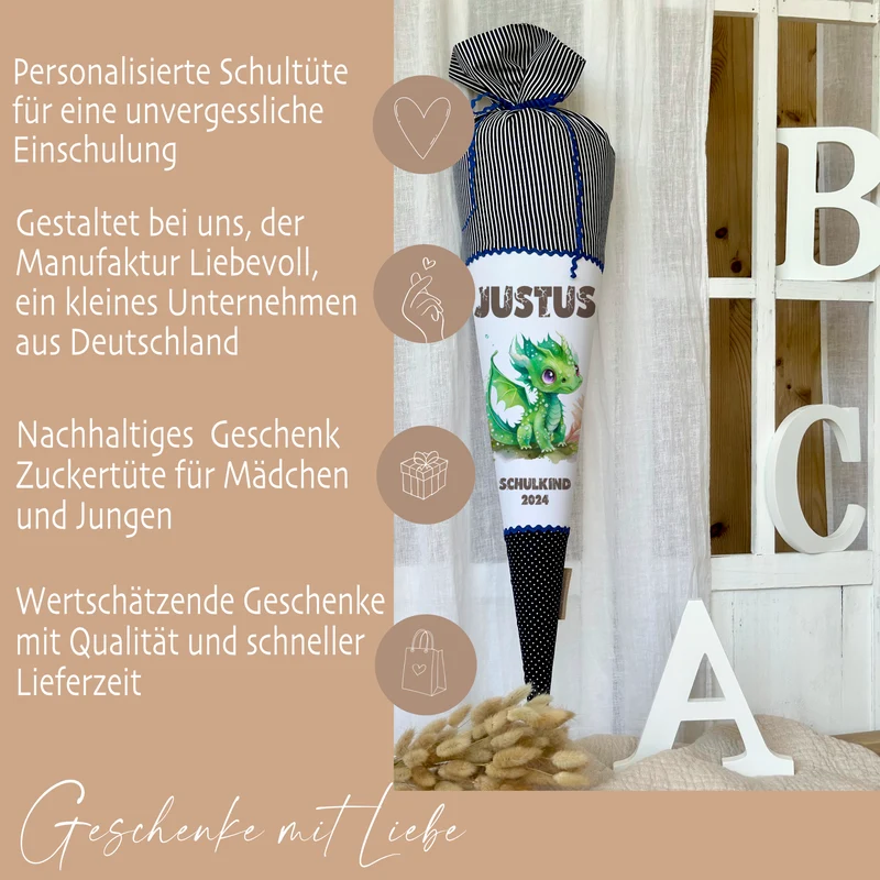 Stoff Schultüte grüner Drache | Personalisiert mit dem Namen für Jungen | Optional mit Füllkissen und Spitzenschutz