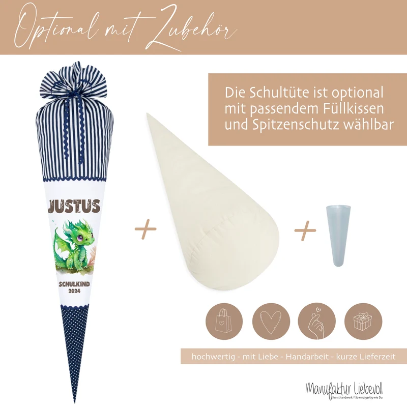 Stoff Schultüte grüner Drache | Personalisiert mit dem Namen für Jungen | Optional mit Füllkissen und Spitzenschutz