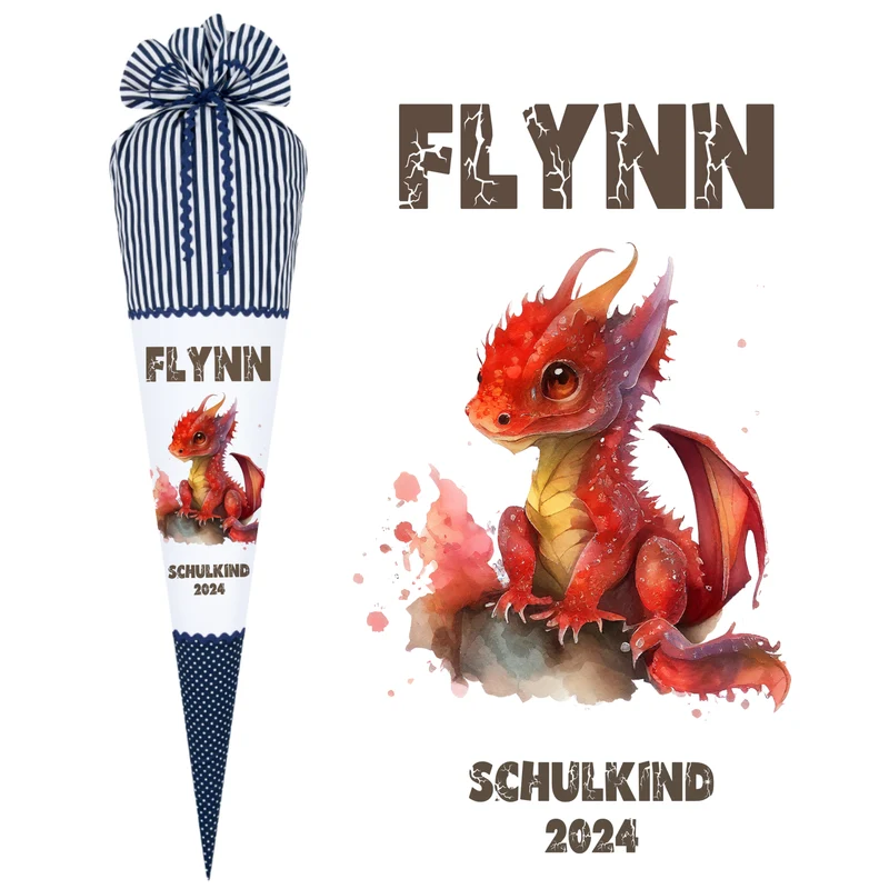 Stoff Schultüte roter Drache | Personalisiert mit dem Namen für Jungen | Optional mit Füllkissen und Spitzenschutz