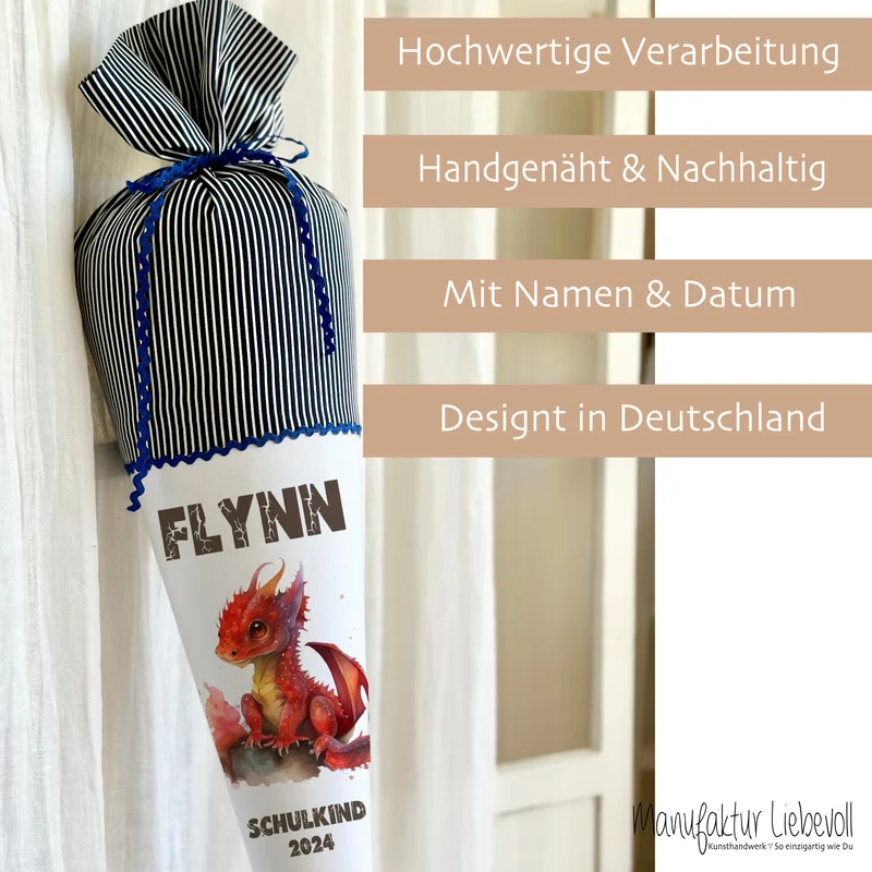 Stoff Schultüte roter Drache | Personalisiert mit dem Namen für Jungen | Optional mit Füllkissen und Spitzenschutz