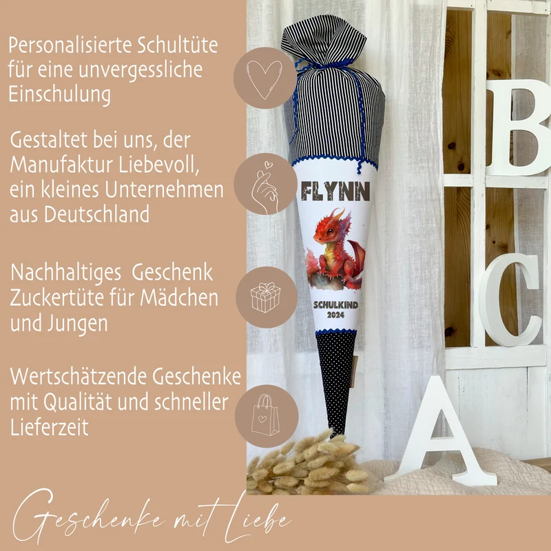 Stoff Schultüte roter Drache | Personalisiert mit dem Namen für Jungen | Optional mit Füllkissen und Spitzenschutz