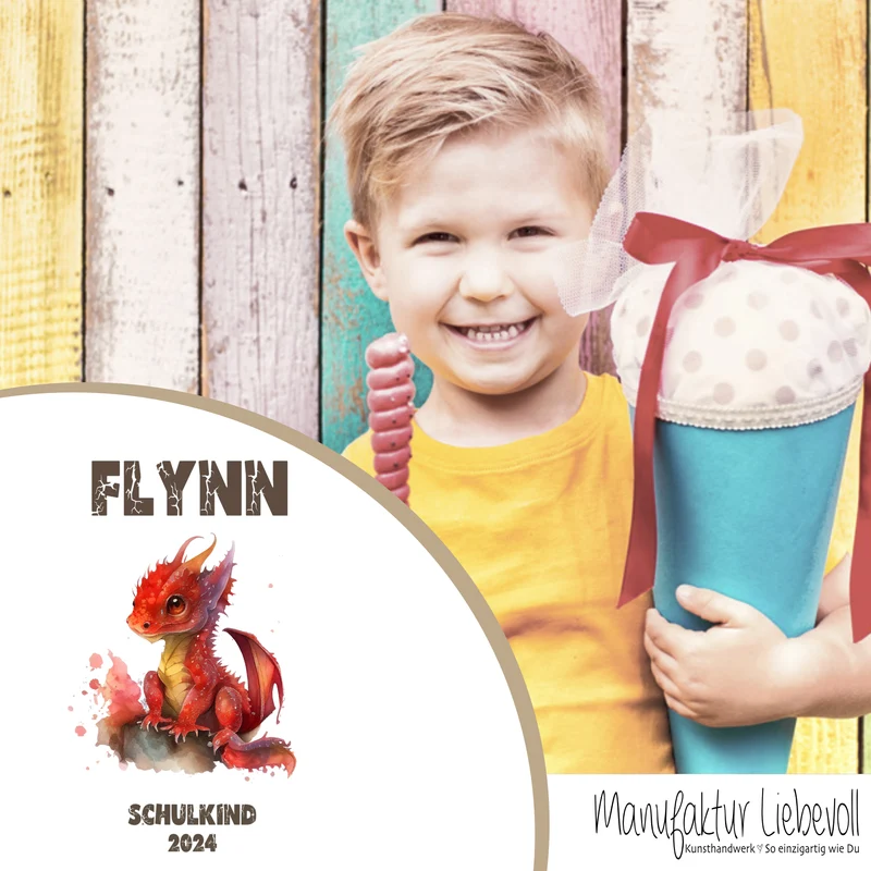 Stoff Schultüte roter Drache | Personalisiert mit dem Namen für Jungen | Optional mit Füllkissen und Spitzenschutz