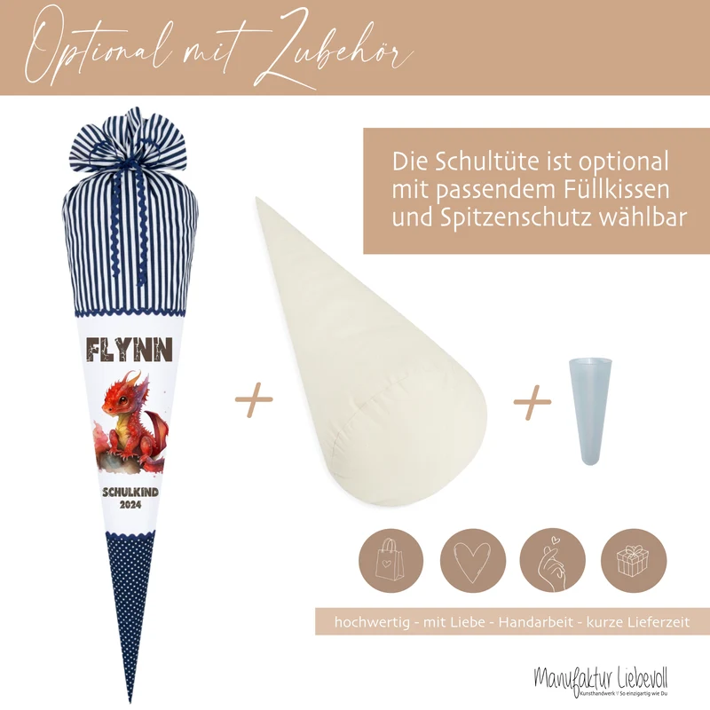 Stoff Schultüte roter Drache | Personalisiert mit dem Namen für Jungen | Optional mit Füllkissen und Spitzenschutz