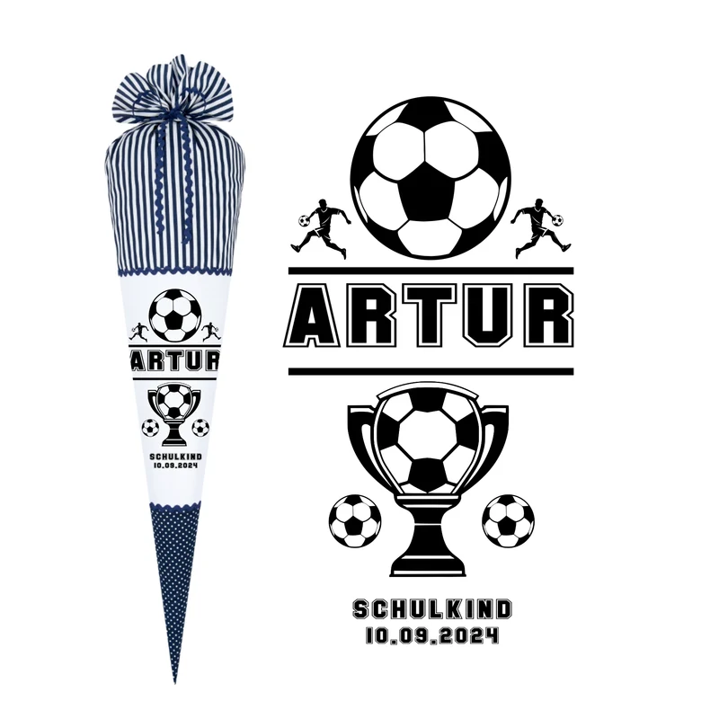 Schultüte Fußball in Blau für Jungen personalisierte Fußballspieler Einschulungstüte 70 cm | Manufaktur Liebevoll | Optional mit Füllkissen und Spitzenschutz