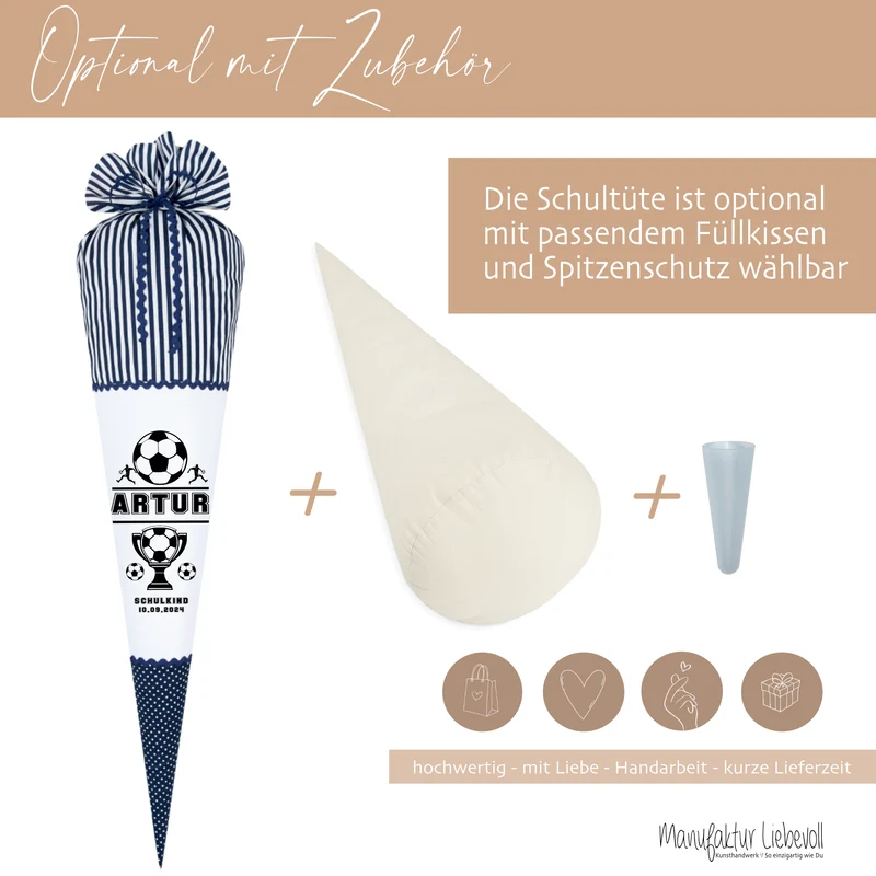 Schultüte Fußball in Blau für Jungen personalisierte Fußballspieler Einschulungstüte 70 cm | Manufaktur Liebevoll | Optional mit Füllkissen und Spitzenschutz