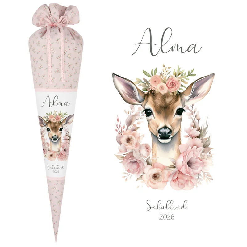 Reh Schultüte Mädchen personalisiert - Rehkitz Schultüte mit Namen - Bambi Stoff Schultüte Einschulung Geschenk – rosa boho Schultüte