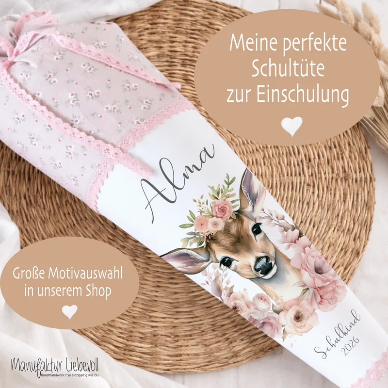 Reh Schultüte Mädchen personalisiert - Rehkitz Schultüte mit Namen - Bambi Stoff Schultüte Einschulung Geschenk – rosa boho Schultüte