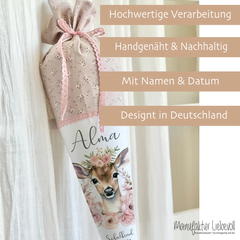 Reh Schultüte Mädchen personalisiert - Rehkitz Schultüte mit Namen - Bambi Stoff Schultüte Einschulung Geschenk – rosa boho Schultüte