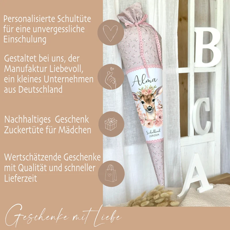 Reh Schultüte Mädchen personalisiert - Rehkitz Schultüte mit Namen - Bambi Stoff Schultüte Einschulung Geschenk – rosa boho Schultüte