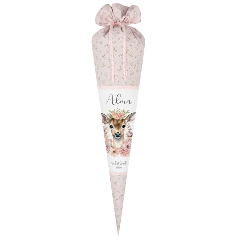 Reh Schultüte Mädchen personalisiert - Rehkitz Schultüte mit Namen - Bambi Stoff Schultüte Einschulung Geschenk – rosa boho Schultüte
