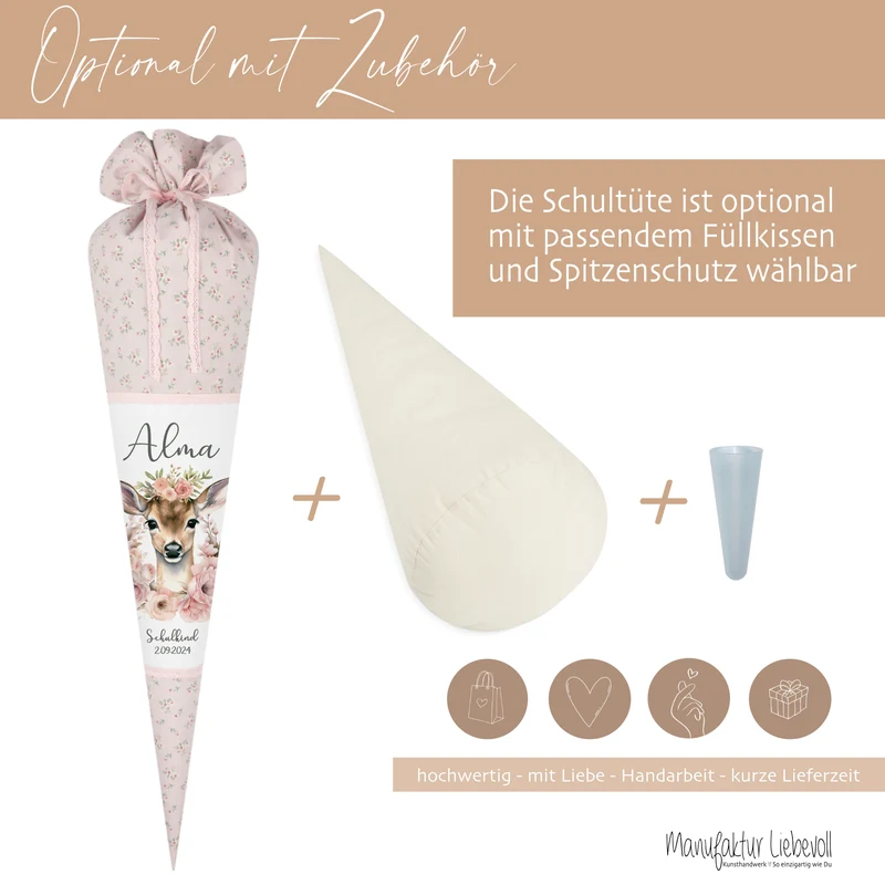 Reh Schultüte Mädchen personalisiert - Rehkitz Schultüte mit Namen - Bambi Stoff Schultüte Einschulung Geschenk – rosa boho Schultüte