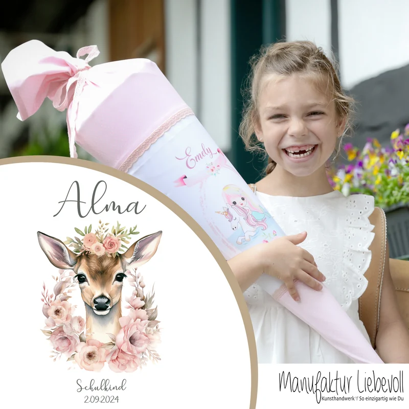 Reh Schultüte Mädchen personalisiert - Rehkitz Schultüte mit Namen - Bambi Stoff Schultüte Einschulung Geschenk – rosa boho Schultüte