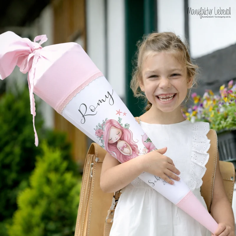 Meerjungfrau Schultüte für Mädchen rosa Zuckertüte mit Namen Einschulungstüte Einschulung Datum Füllkissen 70 cm I Optional mit Füllkissen und Spitzenschutz
