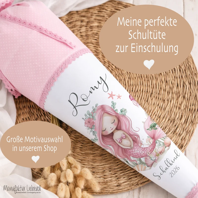 Meerjungfrau Schultüte für Mädchen rosa Zuckertüte mit Namen Einschulungstüte Einschulung Datum Füllkissen 70 cm I Optional mit Füllkissen und Spitzenschutz