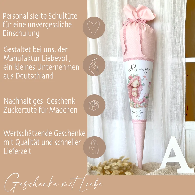 Meerjungfrau Schultüte für Mädchen rosa Zuckertüte mit Namen Einschulungstüte Einschulung Datum Füllkissen 70 cm I Optional mit Füllkissen und Spitzenschutz