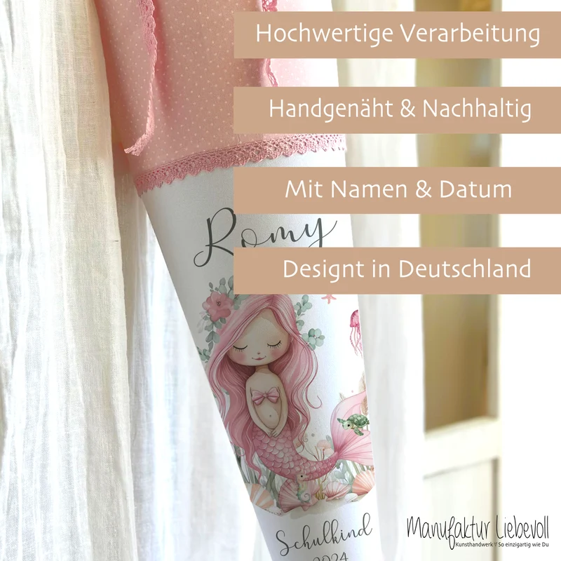 Meerjungfrau Schultüte für Mädchen rosa Zuckertüte mit Namen Einschulungstüte Einschulung Datum Füllkissen 70 cm I Optional mit Füllkissen und Spitzenschutz