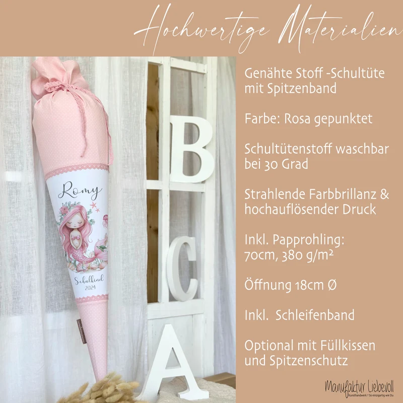 Meerjungfrau Schultüte für Mädchen rosa Zuckertüte mit Namen Einschulungstüte Einschulung Datum Füllkissen 70 cm I Optional mit Füllkissen und Spitzenschutz