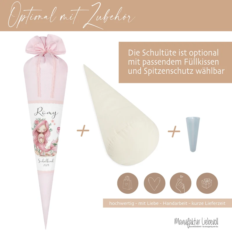 Meerjungfrau Schultüte für Mädchen rosa Zuckertüte mit Namen Einschulungstüte Einschulung Datum Füllkissen 70 cm I Optional mit Füllkissen und Spitzenschutz