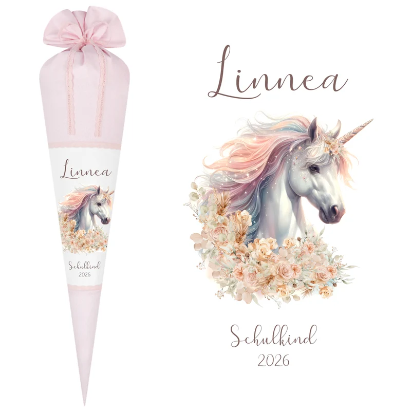 Einhorn Stoff Schultüte für Mädchen I Pferd Zuckertüte mit Namen Einschulungstüte Einschulung Datum Blumen Füllkissen 70 cm I Optional mit Füllkissen und Spitzenschutz