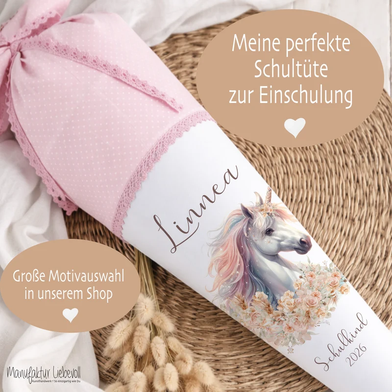 Einhorn Stoff Schultüte für Mädchen I Pferd Zuckertüte mit Namen Einschulungstüte Einschulung Datum Blumen Füllkissen 70 cm I Optional mit Füllkissen und Spitzenschutz
