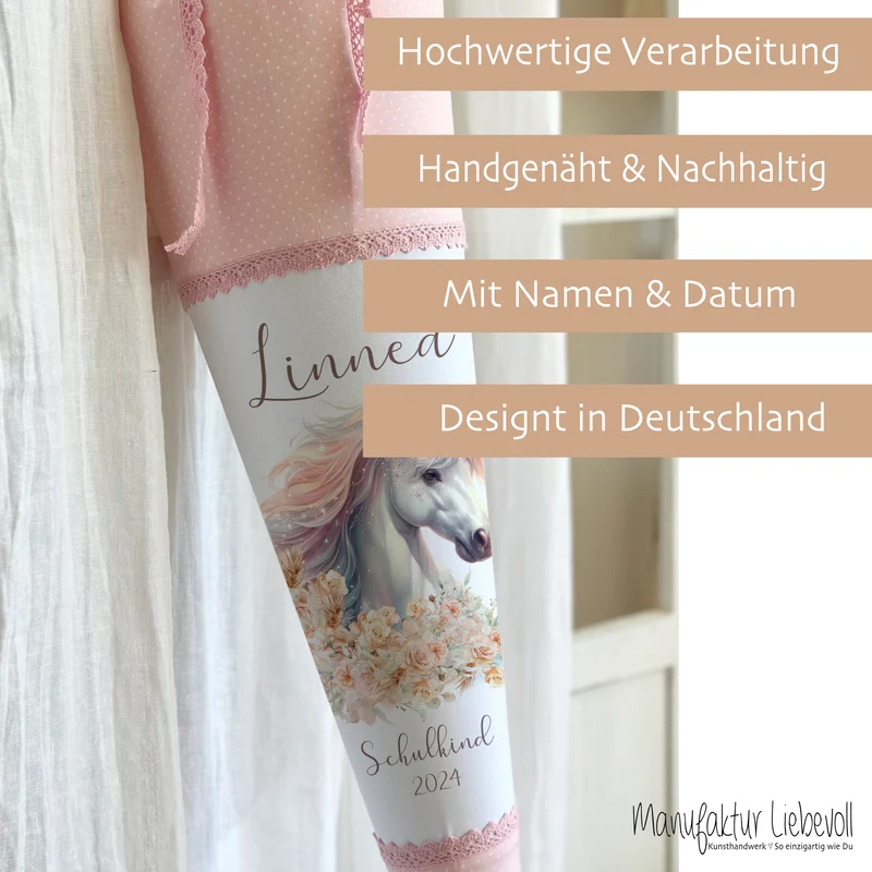 Einhorn Stoff Schultüte für Mädchen I Pferd Zuckertüte mit Namen Einschulungstüte Einschulung Datum Blumen Füllkissen 70 cm I Optional mit Füllkissen und Spitzenschutz