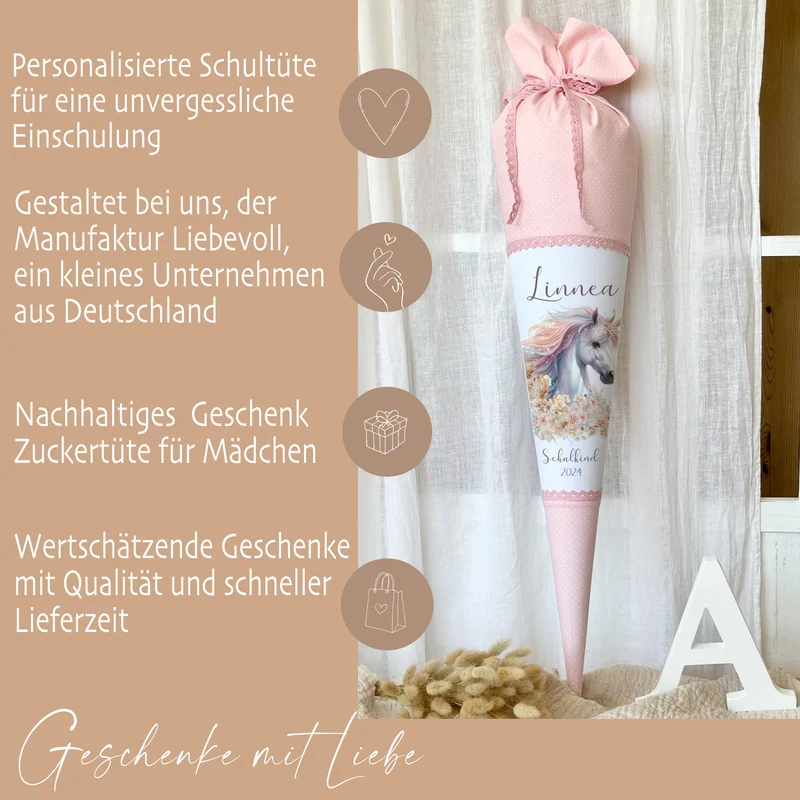 Einhorn Stoff Schultüte für Mädchen I Pferd Zuckertüte mit Namen Einschulungstüte Einschulung Datum Blumen Füllkissen 70 cm I Optional mit Füllkissen und Spitzenschutz