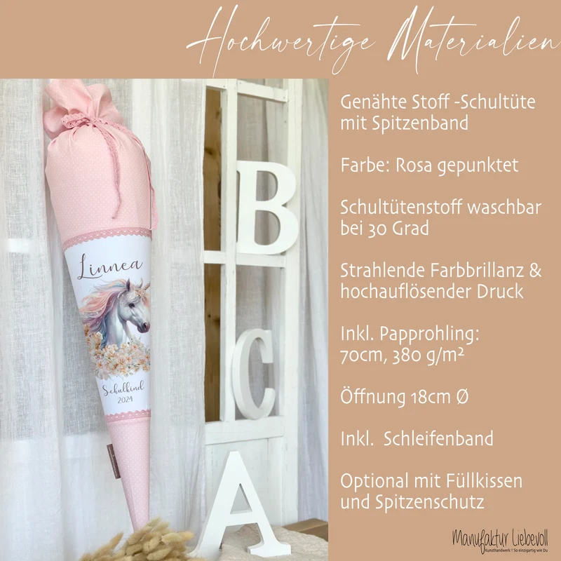 Einhorn Stoff Schultüte für Mädchen I Pferd Zuckertüte mit Namen Einschulungstüte Einschulung Datum Blumen Füllkissen 70 cm I Optional mit Füllkissen und Spitzenschutz
