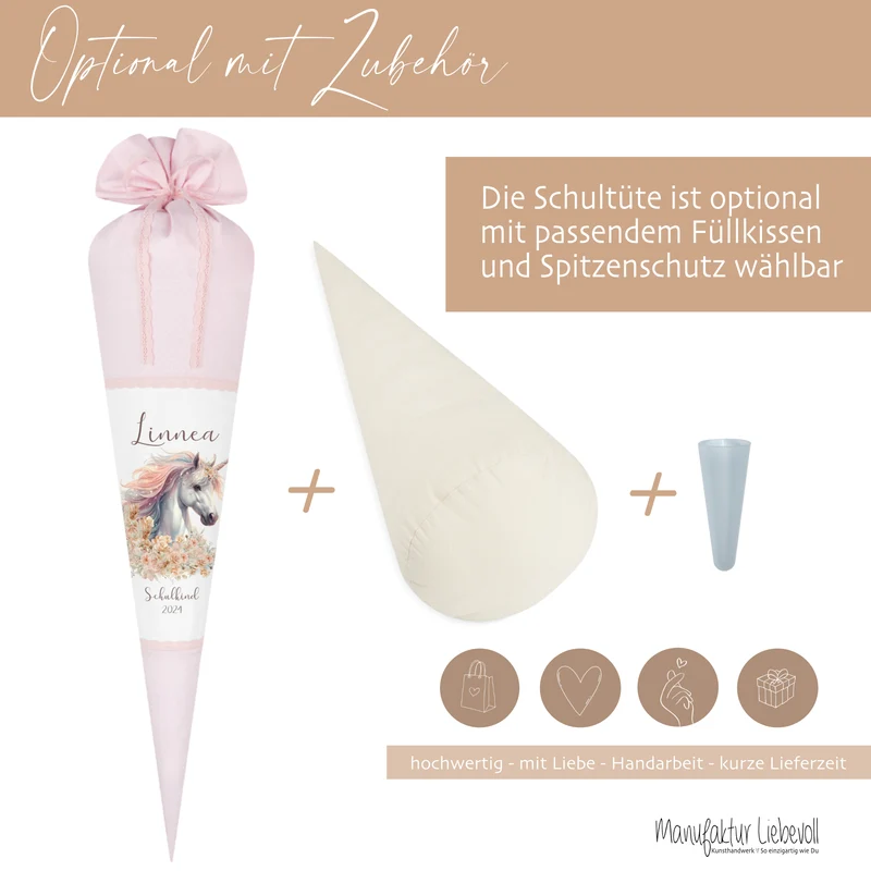 Einhorn Stoff Schultüte für Mädchen I Pferd Zuckertüte mit Namen Einschulungstüte Einschulung Datum Blumen Füllkissen 70 cm I Optional mit Füllkissen und Spitzenschutz