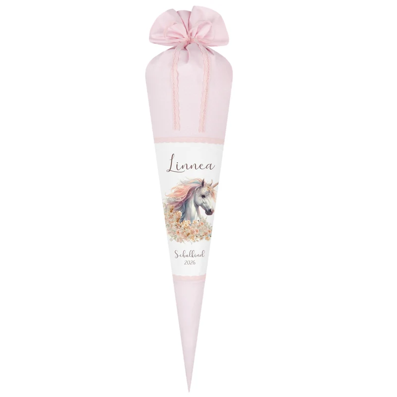 Einhorn Stoff Schultüte für Mädchen I Pferd Zuckertüte mit Namen Einschulungstüte Einschulung Datum Blumen Füllkissen 70 cm I Optional mit Füllkissen und Spitzenschutz