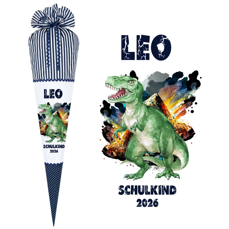 Dinosaurier Stoff Schultüte T Rex | Personalisiert mit dem Namen für Jungen | Optional mit Füllkissen und Spitzenschutz