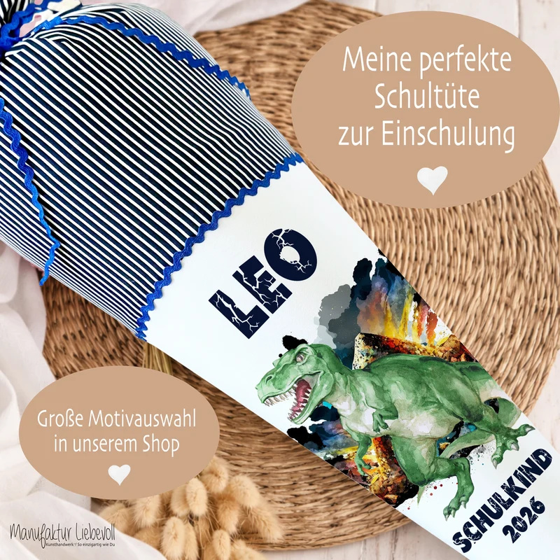 Dinosaurier Stoff Schultüte T Rex | Personalisiert mit dem Namen für Jungen | Optional mit Füllkissen und Spitzenschutz