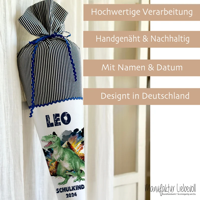 Dinosaurier Stoff Schultüte T Rex | Personalisiert mit dem Namen für Jungen | Optional mit Füllkissen und Spitzenschutz