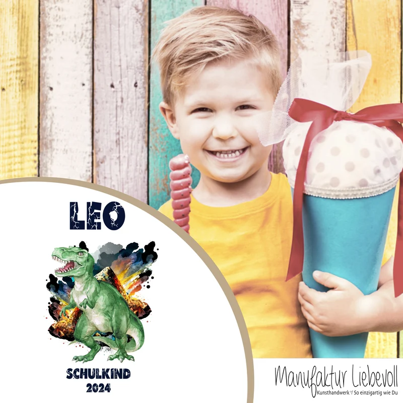 Dinosaurier Stoff Schultüte T Rex | Personalisiert mit dem Namen für Jungen | Optional mit Füllkissen und Spitzenschutz