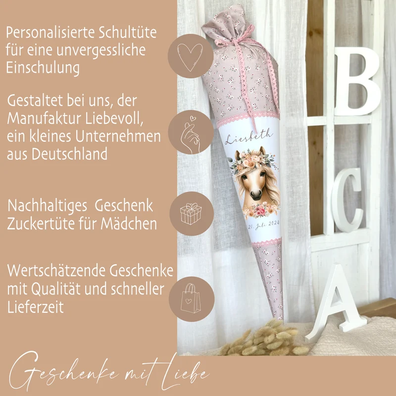 Pferde Schultüte Mädchen Personalisiert Schultüte Zuckertüte Mädchen Schultüte Stoff Zuckertüte Pony Stoffschultüte