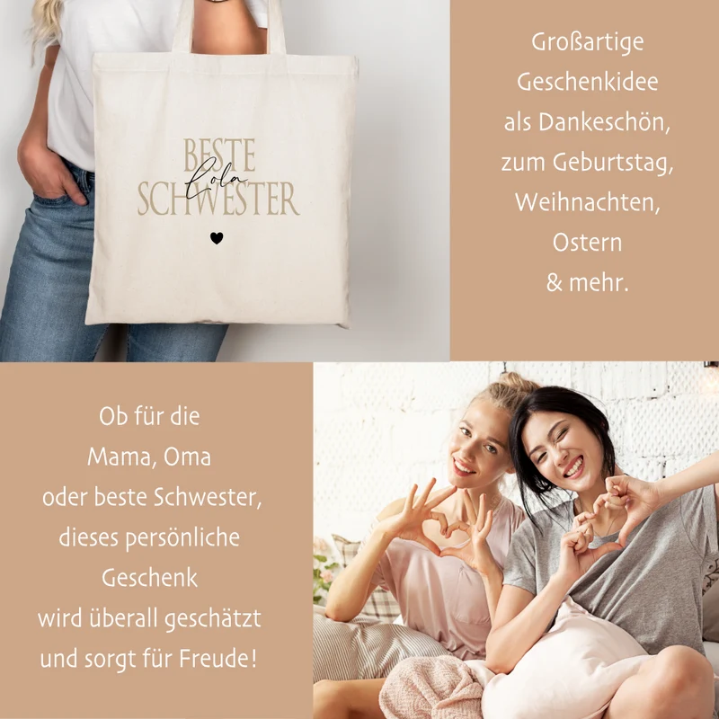 Personalisierter Stoffbeutel, 3 Motive: Beste Mama, Beste Oma, Beste Schwester