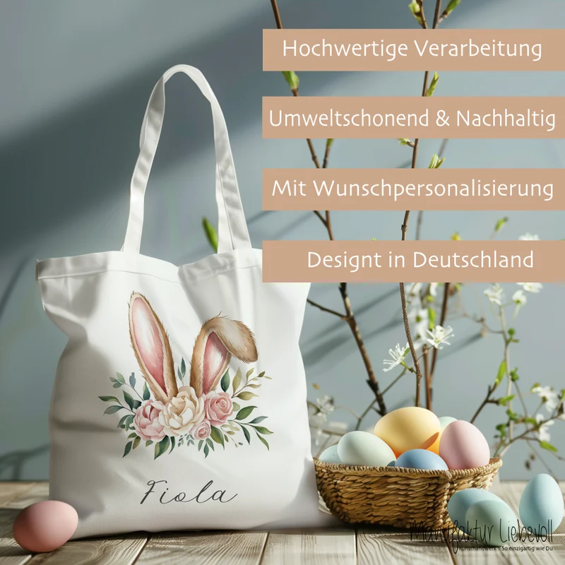 Stoffbeutel mit Namen bedruckt, Motive: Osterohren, Bubble Gum Osterhasen