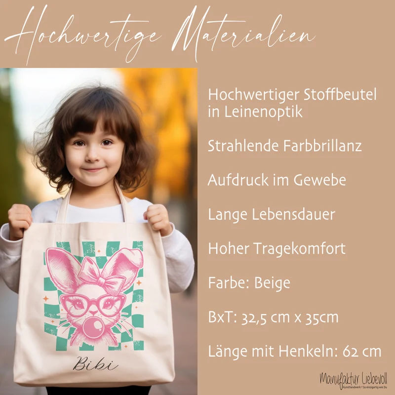 Stoffbeutel mit Namen bedruckt, Motive: Osterohren, Bubble Gum Osterhasen