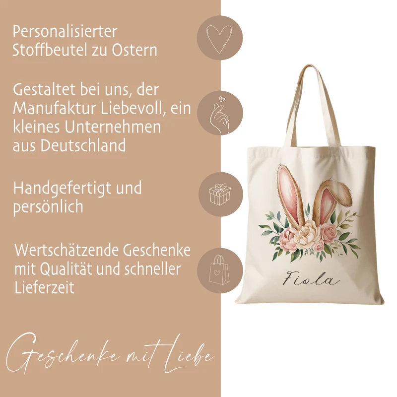 Stoffbeutel mit Namen bedruckt, Motive: Osterohren, Bubble Gum Osterhasen