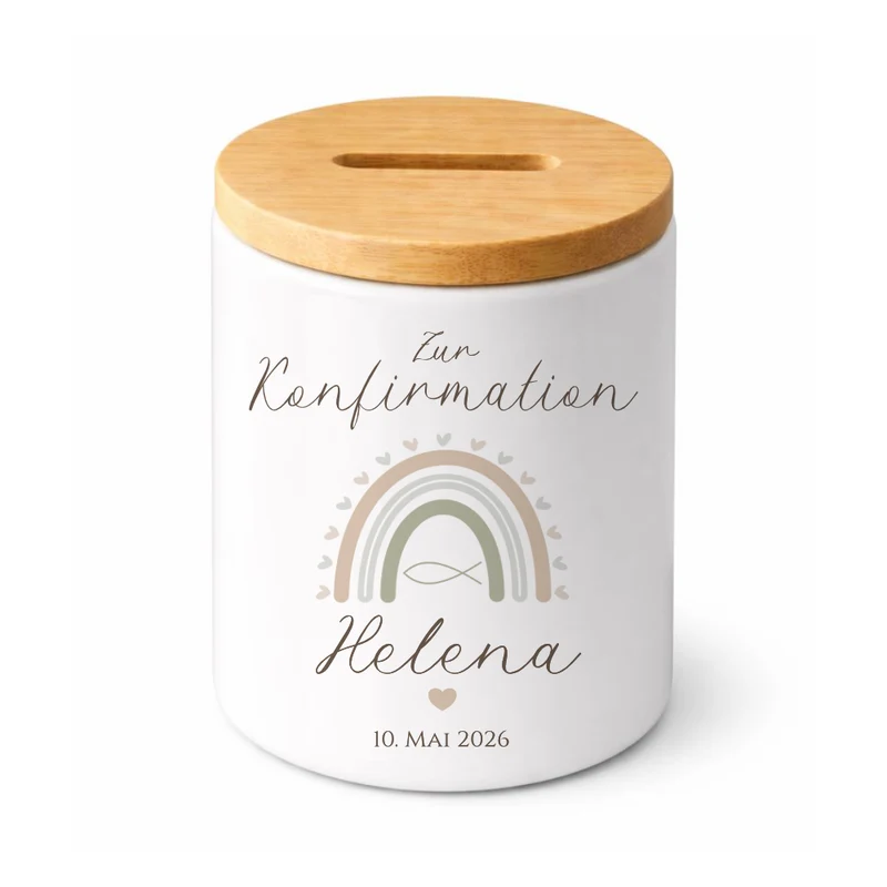 Personalisierte Spardose zur Konfirmation – Geldgeschenk aus Keramik mit Bambusdeckel