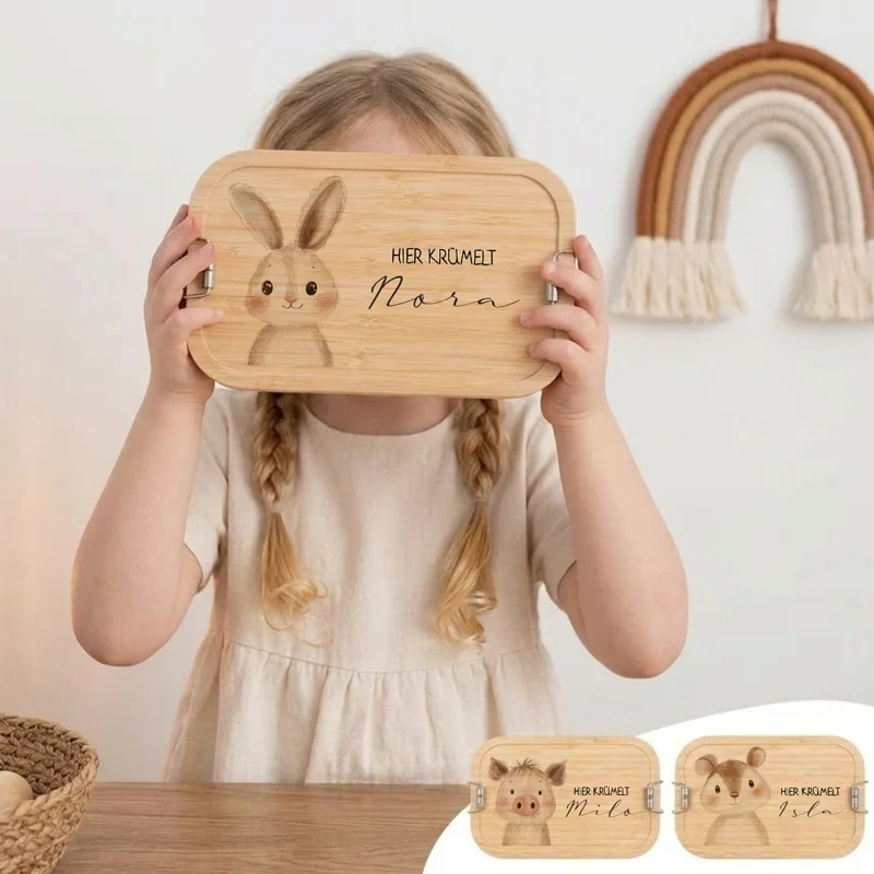 Brotdose mit Namen personalisiert Waldtiere | Lunchbox Kinder Kindergarten Schule S & M | Frühstücksdose Mädchen Jungen | Geschenk Einschulung