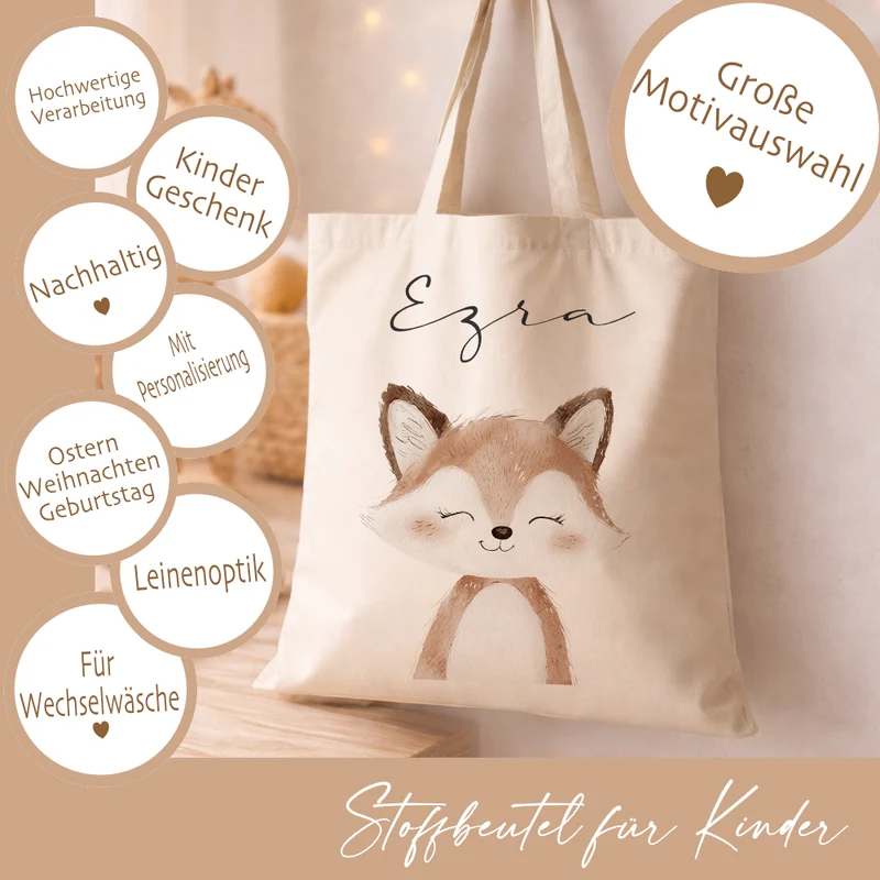 Personalisierter Stoffbeutel für Kinder mit Namen & Waldtier-Motiv Kinderbeutel – Beige Leinenoptik