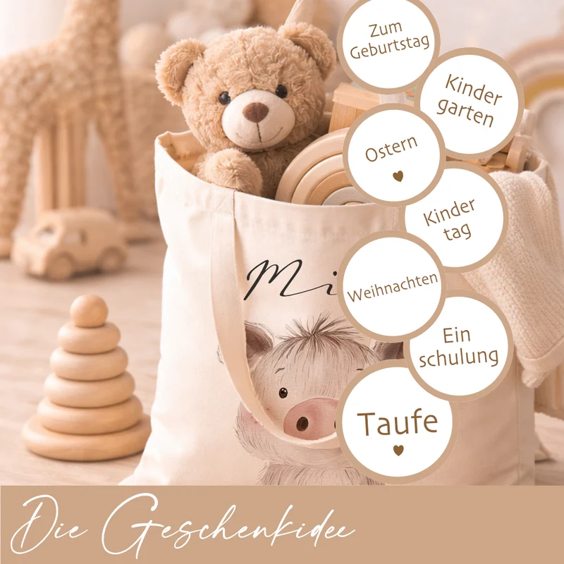 Personalisierter Stoffbeutel für Kinder mit Namen & Waldtier-Motiv Kinderbeutel – Beige Leinenoptik