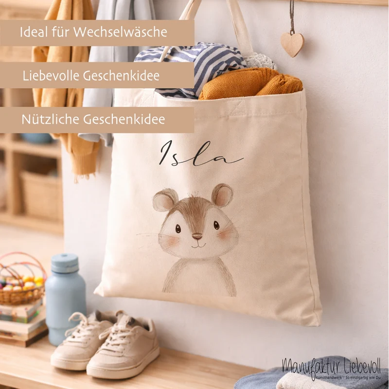 Personalisierter Stoffbeutel für Kinder mit Namen & Waldtier-Motiv Kinderbeutel – Beige Leinenoptik