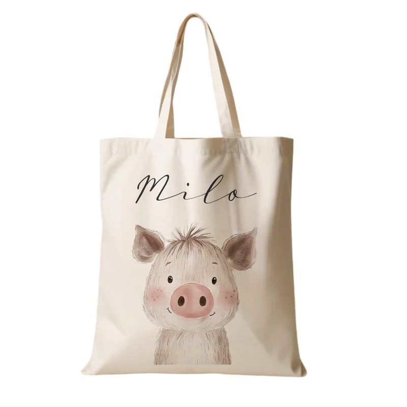 Personalisierter Stoffbeutel für Kinder mit Namen & Waldtier-Motiv Kinderbeutel – Beige Leinenoptik