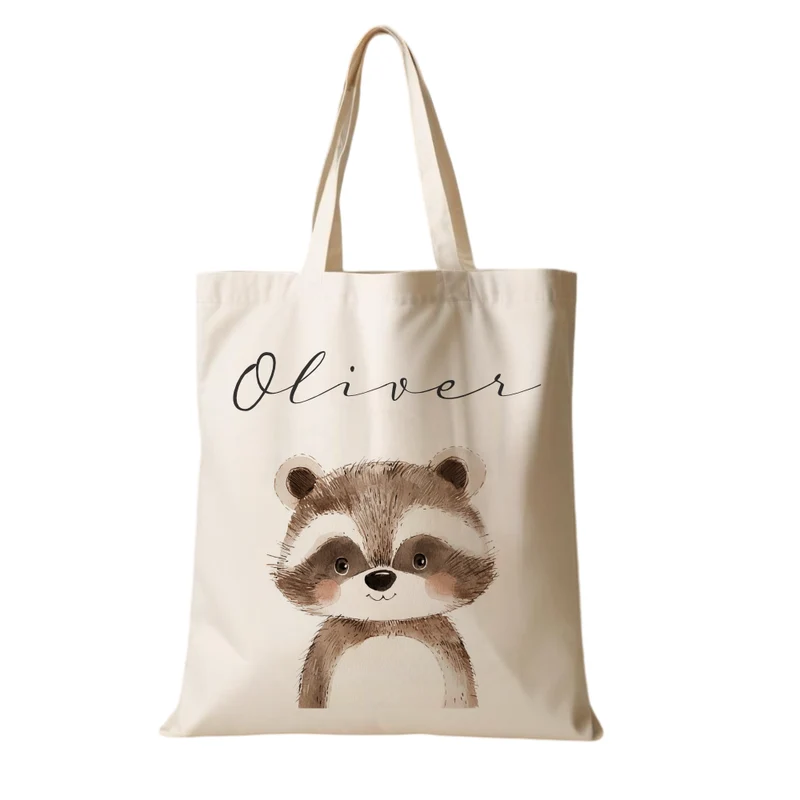 Personalisierter Stoffbeutel für Kinder mit Namen & Waldtier-Motiv Kinderbeutel – Beige Leinenoptik