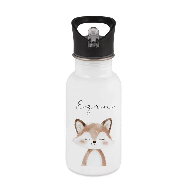 Personalisierte Kinder Trinkflasche mit Name – Edelstahl Trinkflasche mit Strohhalm 400ml / 500ml / 600ml – Tiermotiv für Kita & Schule
